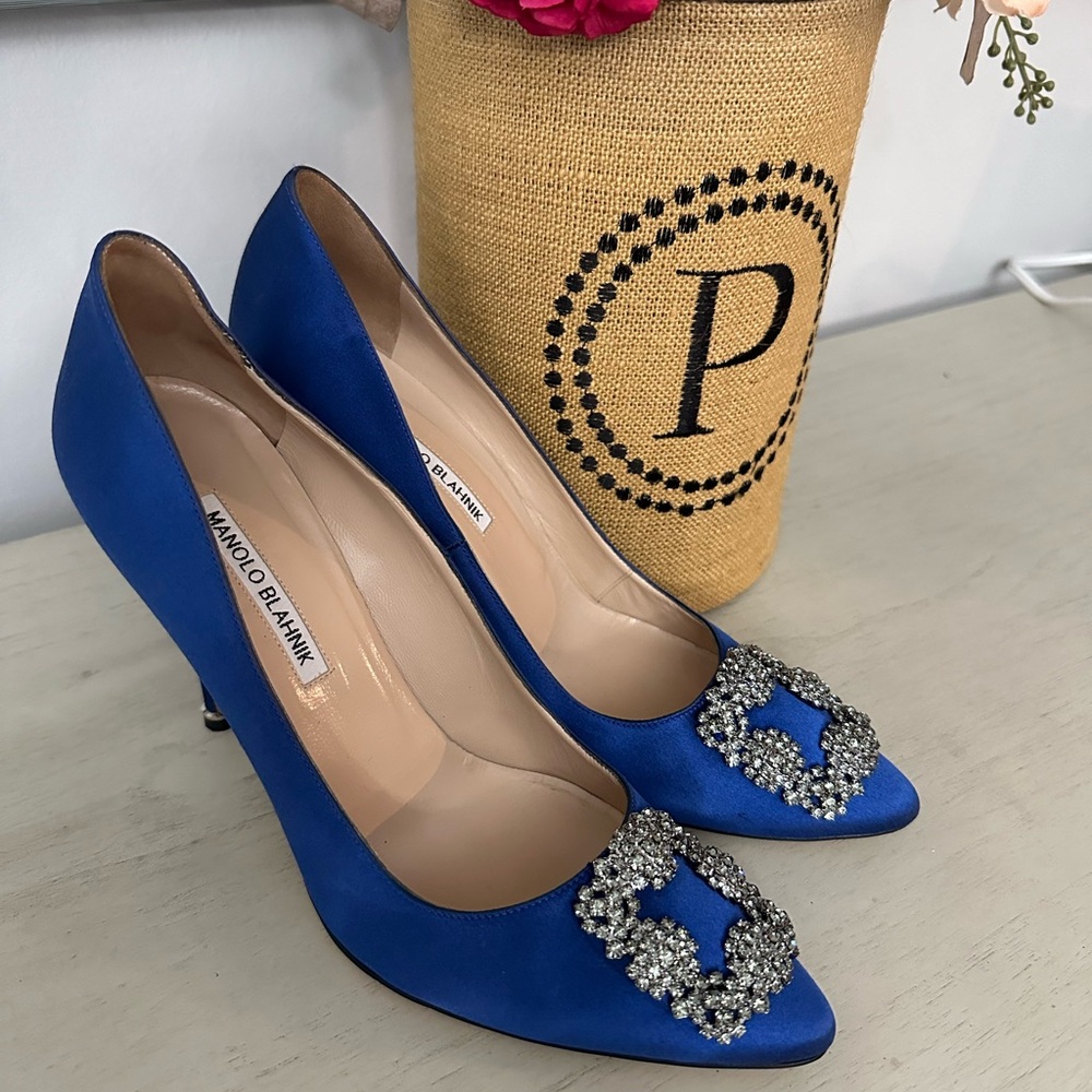 Gently used Manila Blahnik Hangisi Blue Satin Heels